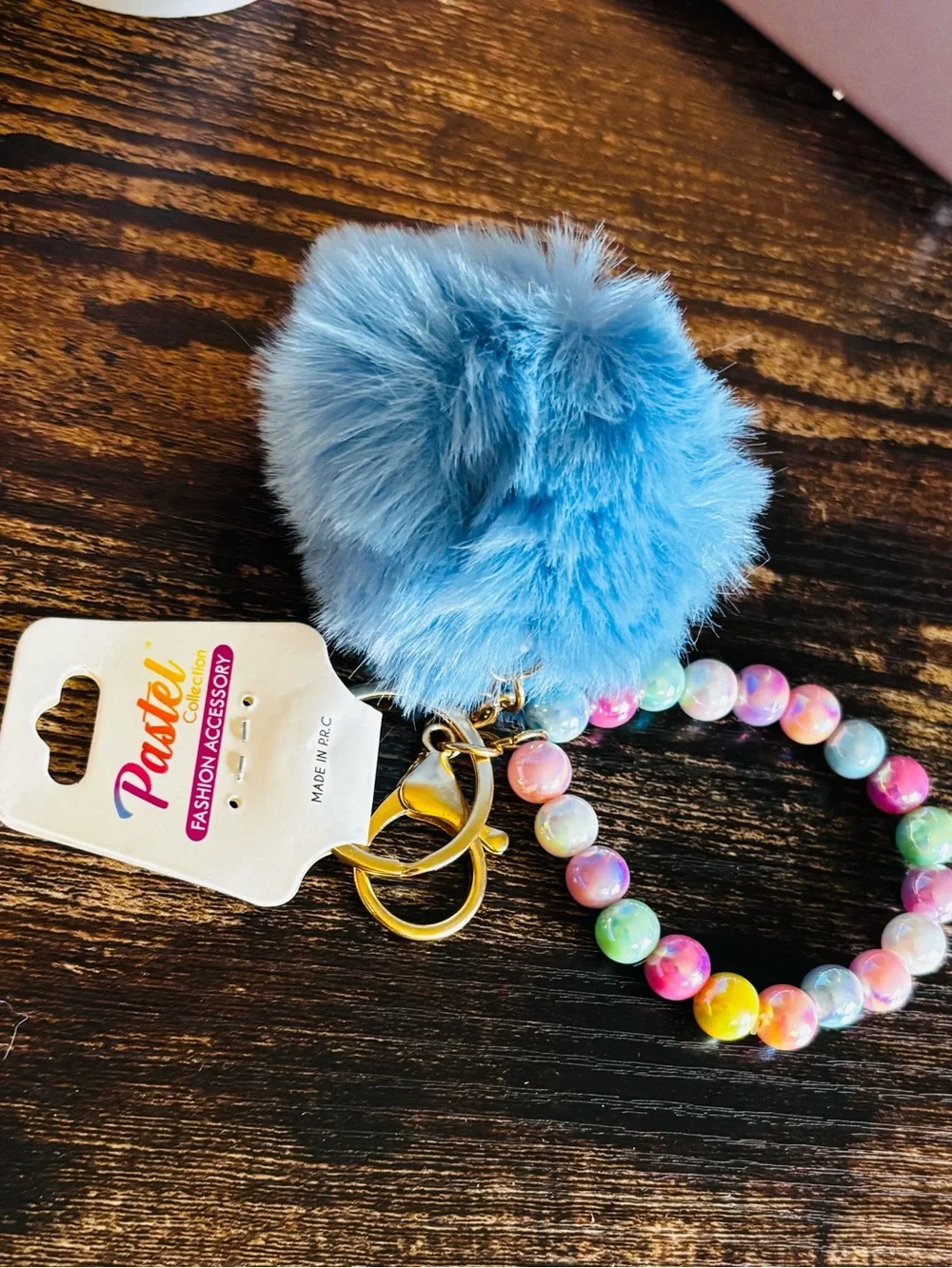Pastels Light Blue Pom-Pom Beaded Wrist Keychain with Multicolor Beads